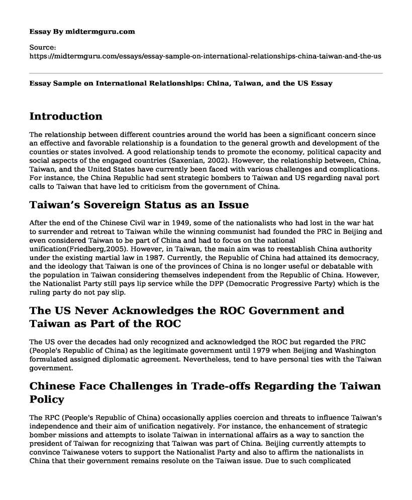 Essay Sample on International Relationships: China, Taiwan, and the US