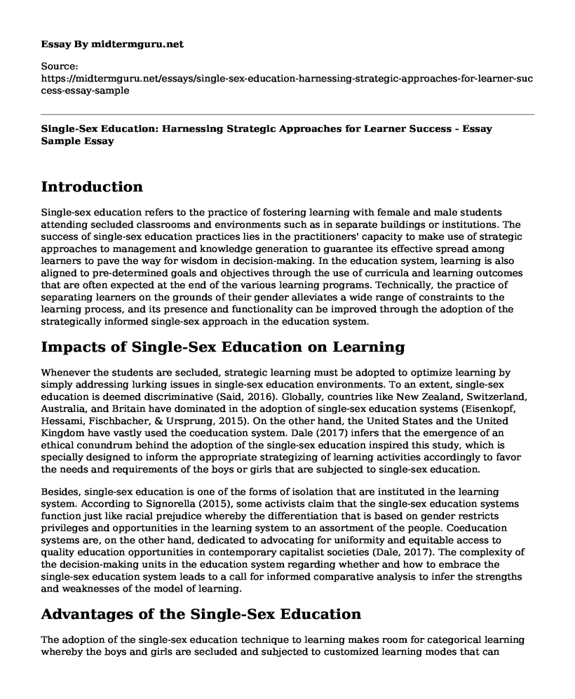 Single-Sex Education: Harnessing Strategic Approaches for Learner Success - Essay Sample