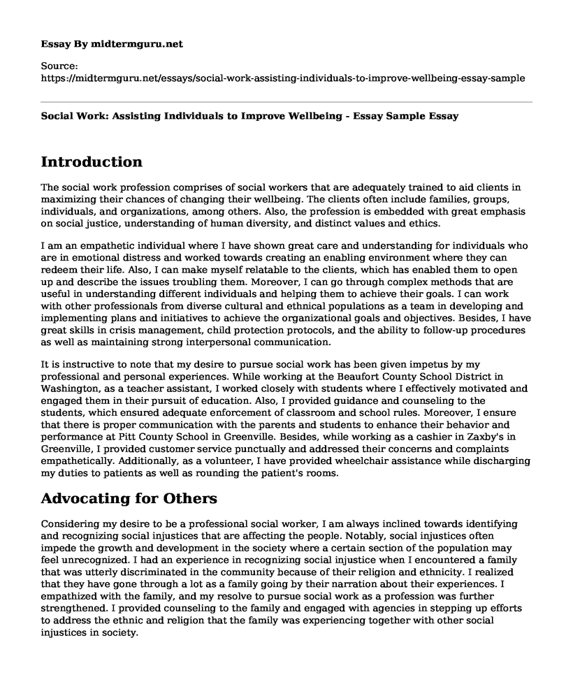Social Work: Assisting Individuals to Improve Wellbeing - Essay Sample