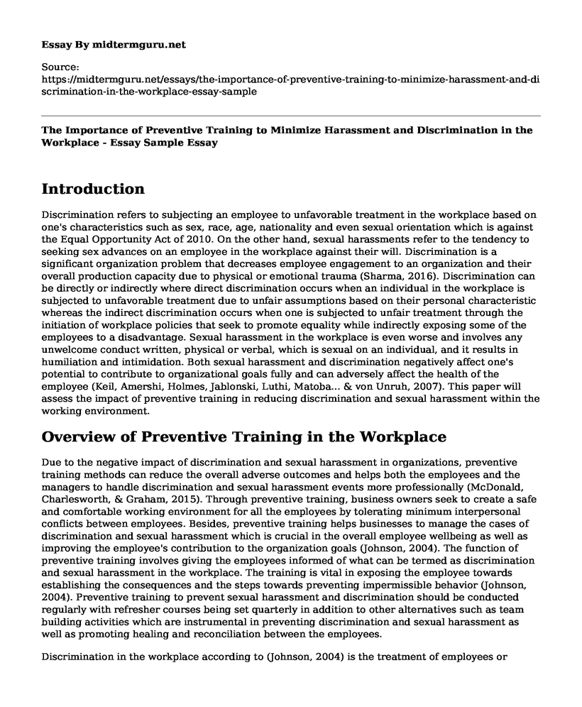The Importance of Preventive Training to Minimize Harassment and Discrimination in the Workplace - Essay Sample