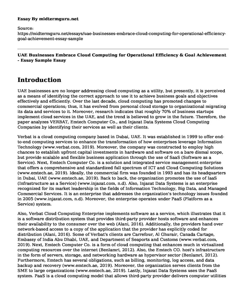 UAE Businesses Embrace Cloud Computing for Operational Efficiency & Goal Achievement - Essay Sample
