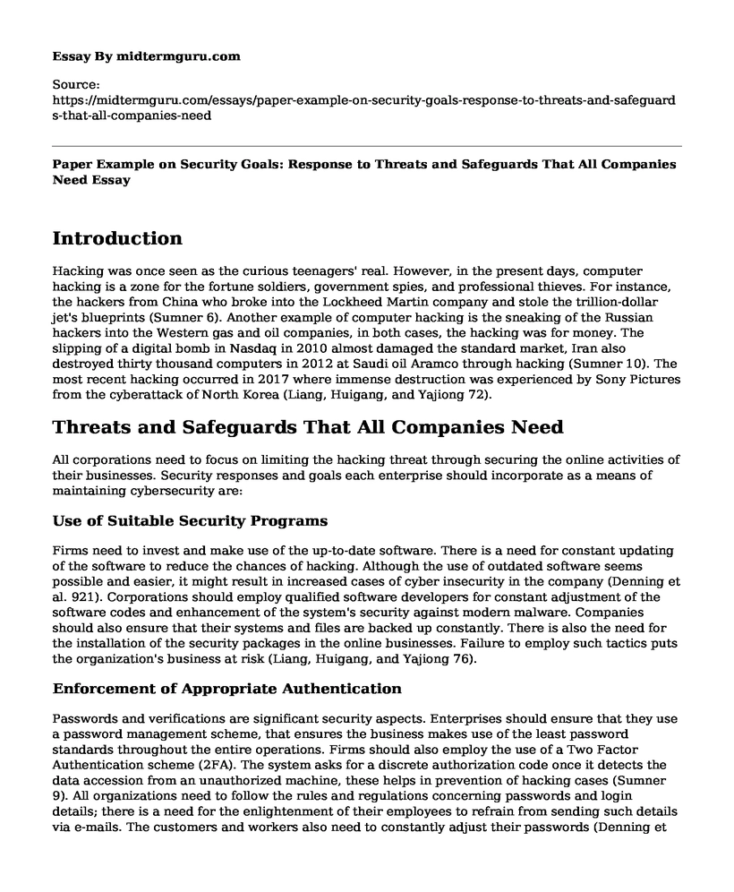 Paper Example on Security Goals: Response to Threats and Safeguards That All Companies Need