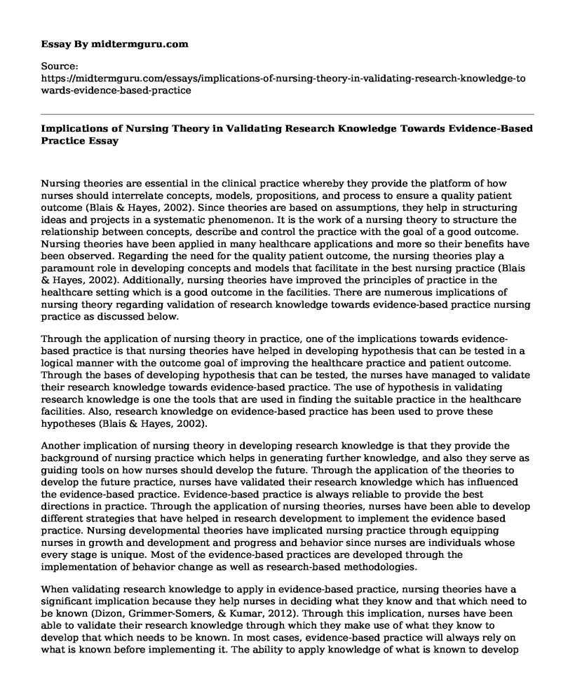 Implications of Nursing Theory in Validating Research Knowledge Towards Evidence-Based Practice