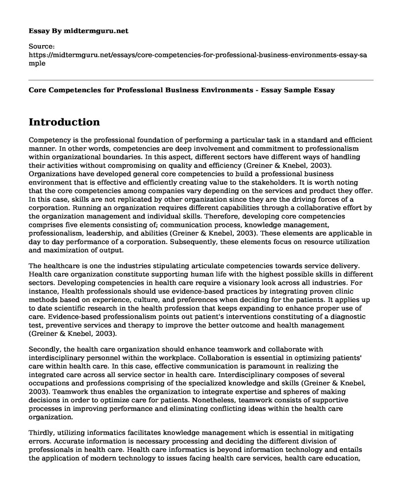 Core Competencies for Professional Business Environments - Essay Sample