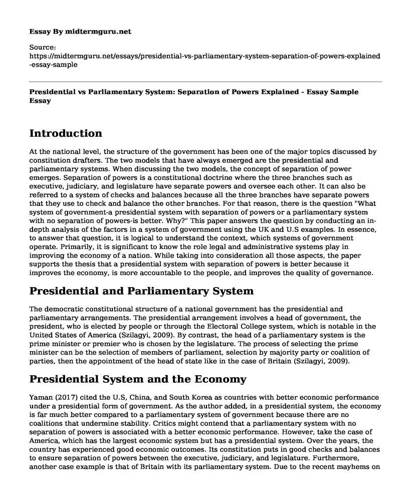 Presidential vs Parliamentary System: Separation of Powers Explained - Essay Sample