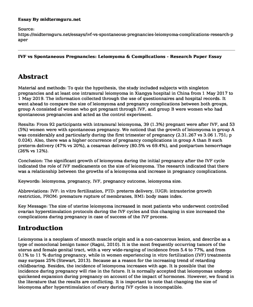 IVF vs Spontaneous Pregnancies: Leiomyoma & Complications - Research Paper
