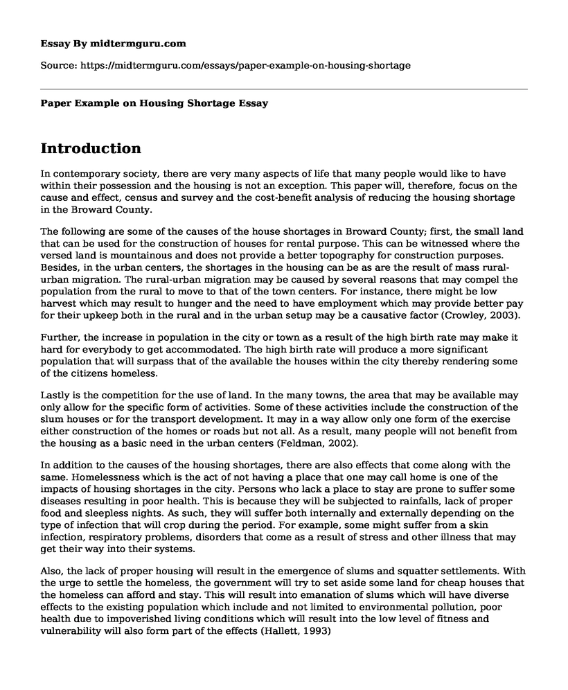 Paper Example on Housing Shortage