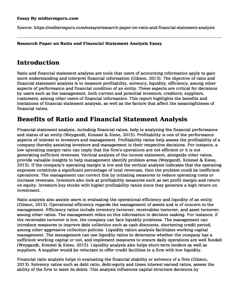 Research Paper on Ratio and Financial Statement Analysis