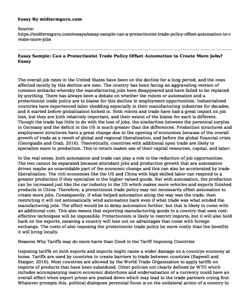 Essay Sample: Can a Protectionist Trade Policy Offset Automation to Create More Jobs?