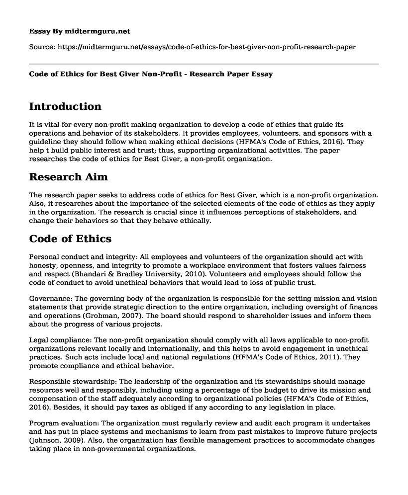 Code of Ethics for Best Giver Non-Profit - Research Paper