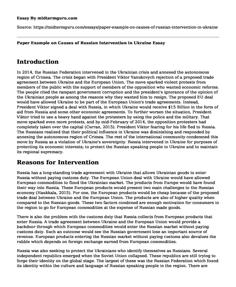 Paper Example on Causes of Russian Intervention in Ukraine