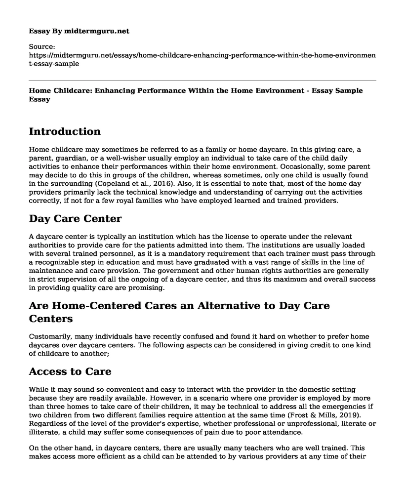 Home Childcare: Enhancing Performance Within the Home Environment - Essay Sample