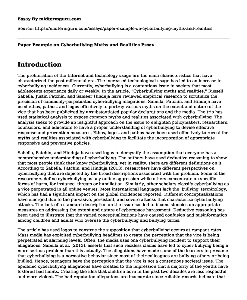 Paper Example on Cyberbullying Myths and Realities