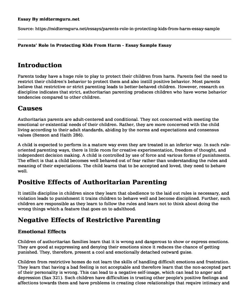 Parents' Role in Protecting Kids From Harm - Essay Sample