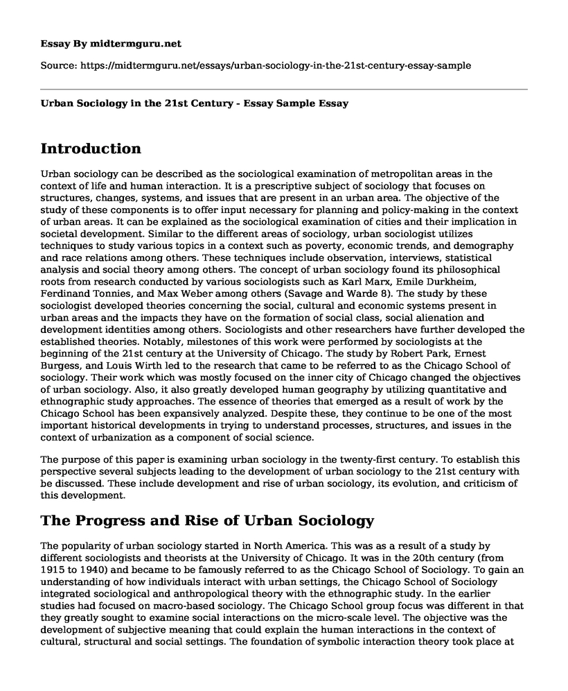 Urban Sociology in the 21st Century - Essay Sample