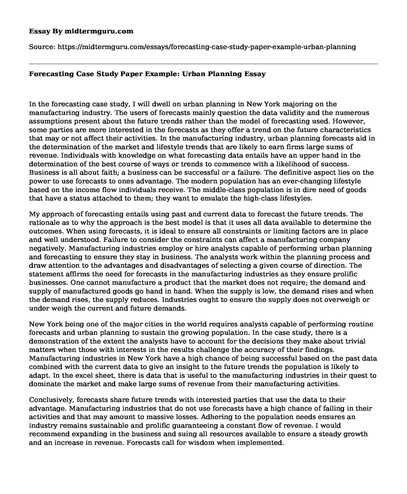 Forecasting Case Study Paper Example: Urban Planning