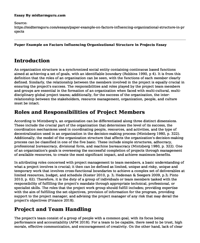 Paper Example on Factors Influencing Organizational Structure in Projects