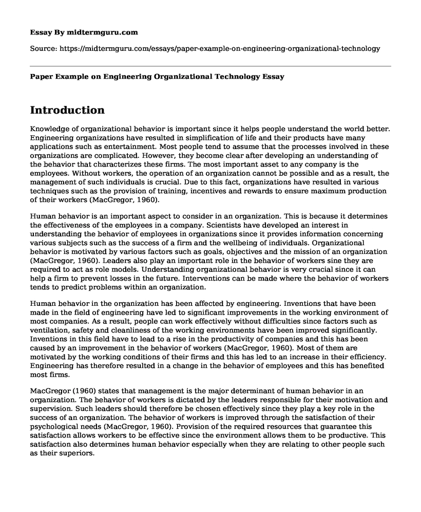 Paper Example on Engineering Organizational Technology