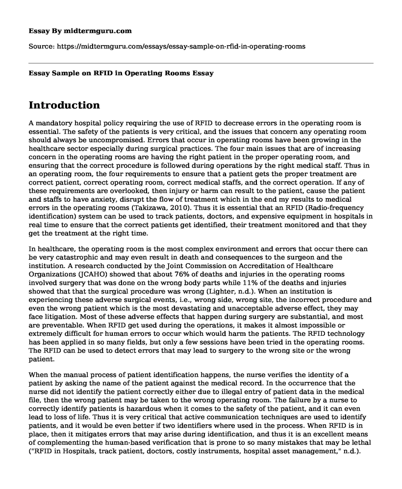 Essay Sample on RFID in Operating Rooms