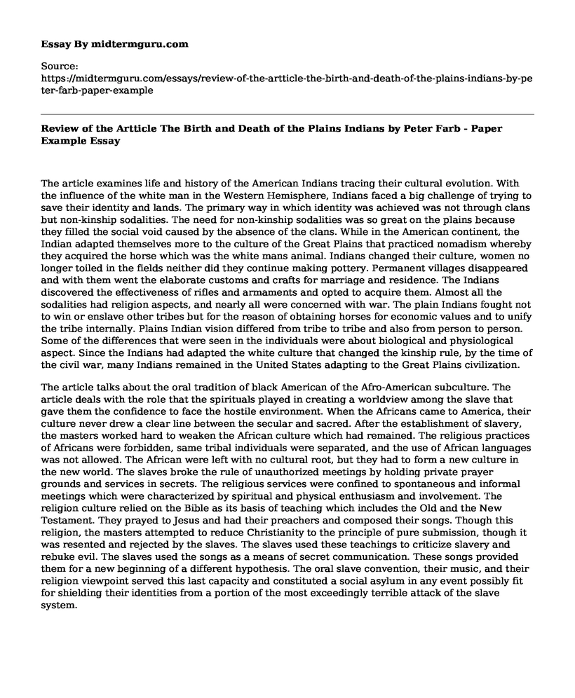 Review of the Artticle The Birth and Death of the Plains Indians by Peter Farb - Paper Example