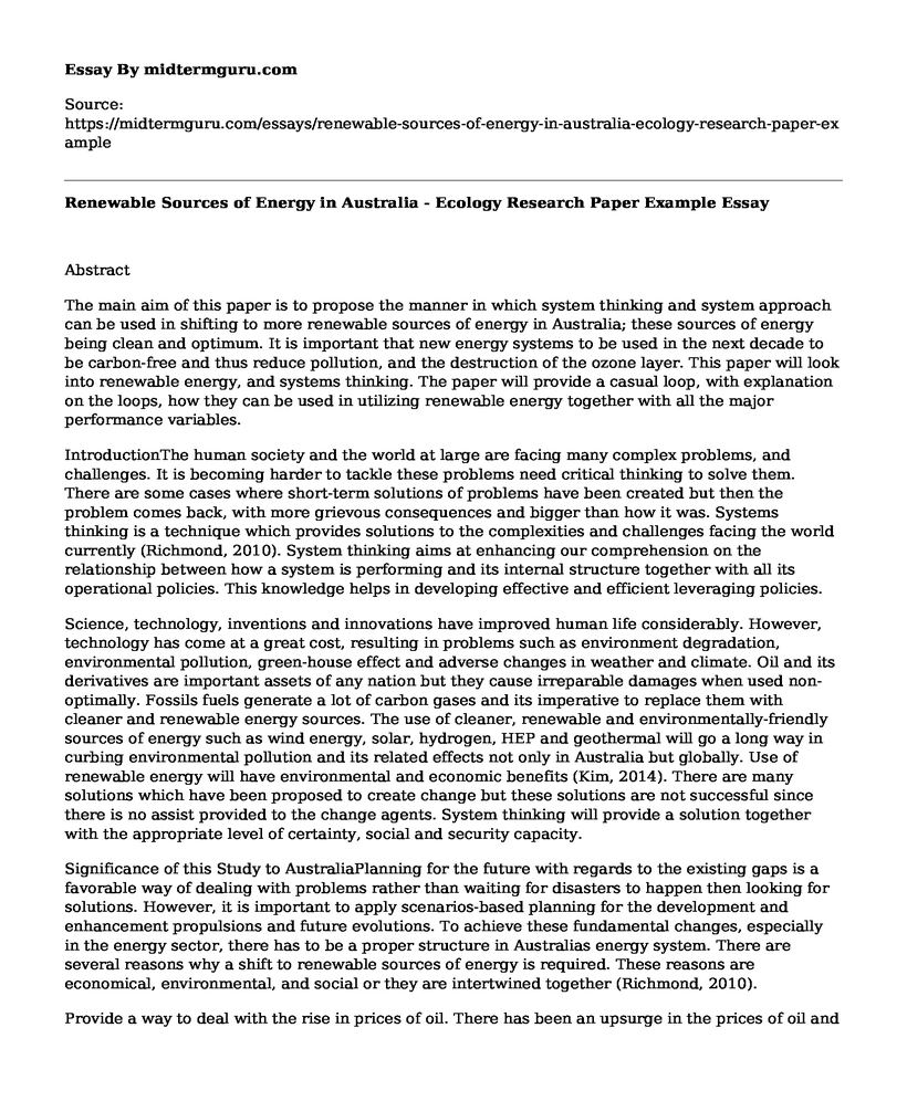 Renewable Sources of Energy in Australia - Ecology Research Paper Example