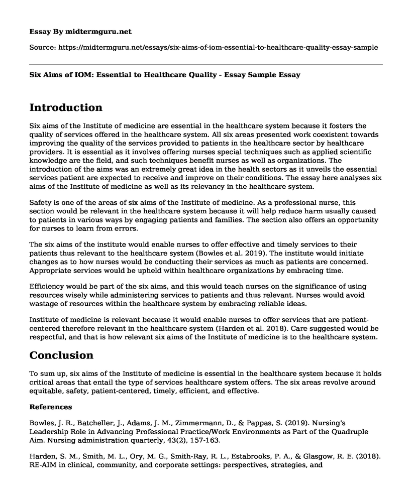 Six Aims of IOM: Essential to Healthcare Quality - Essay Sample