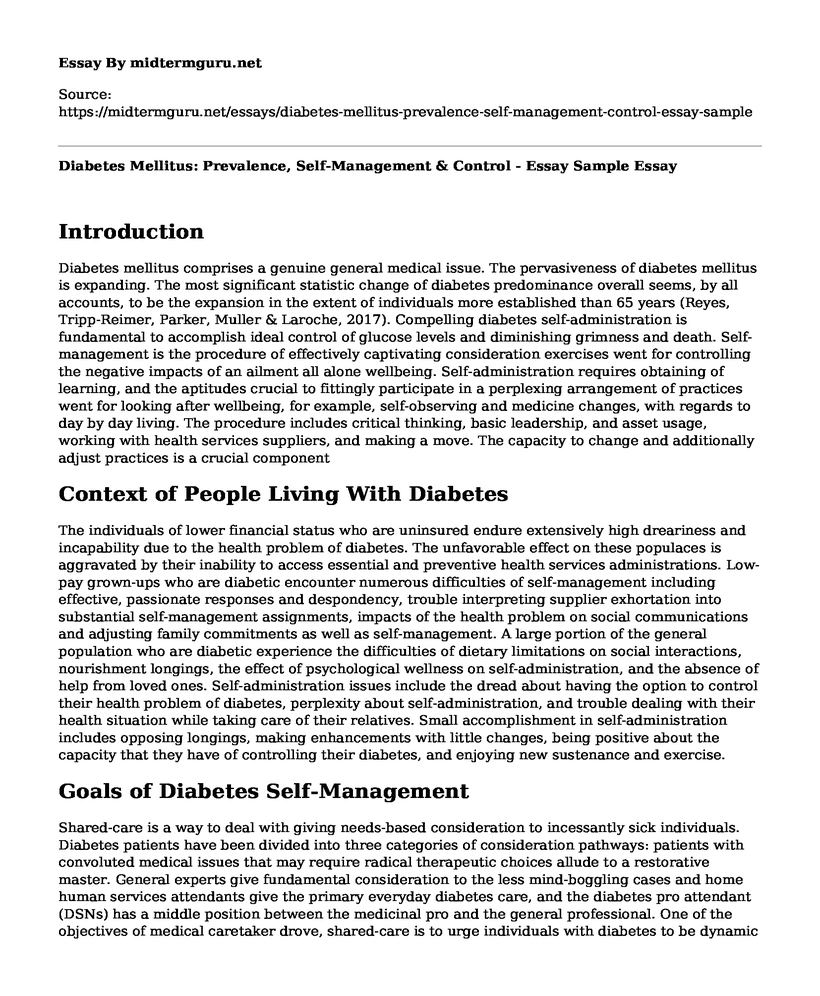 Diabetes Mellitus: Prevalence, Self-Management & Control - Essay Sample