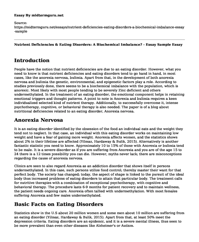 Nutrient Deficiencies & Eating Disorders: A Biochemical Imbalance? - Essay Sample