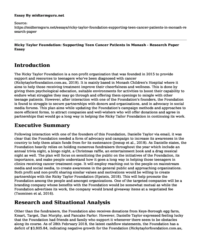 Ricky Taylor Foundation: Supporting Teen Cancer Patients in Monash - Research Paper