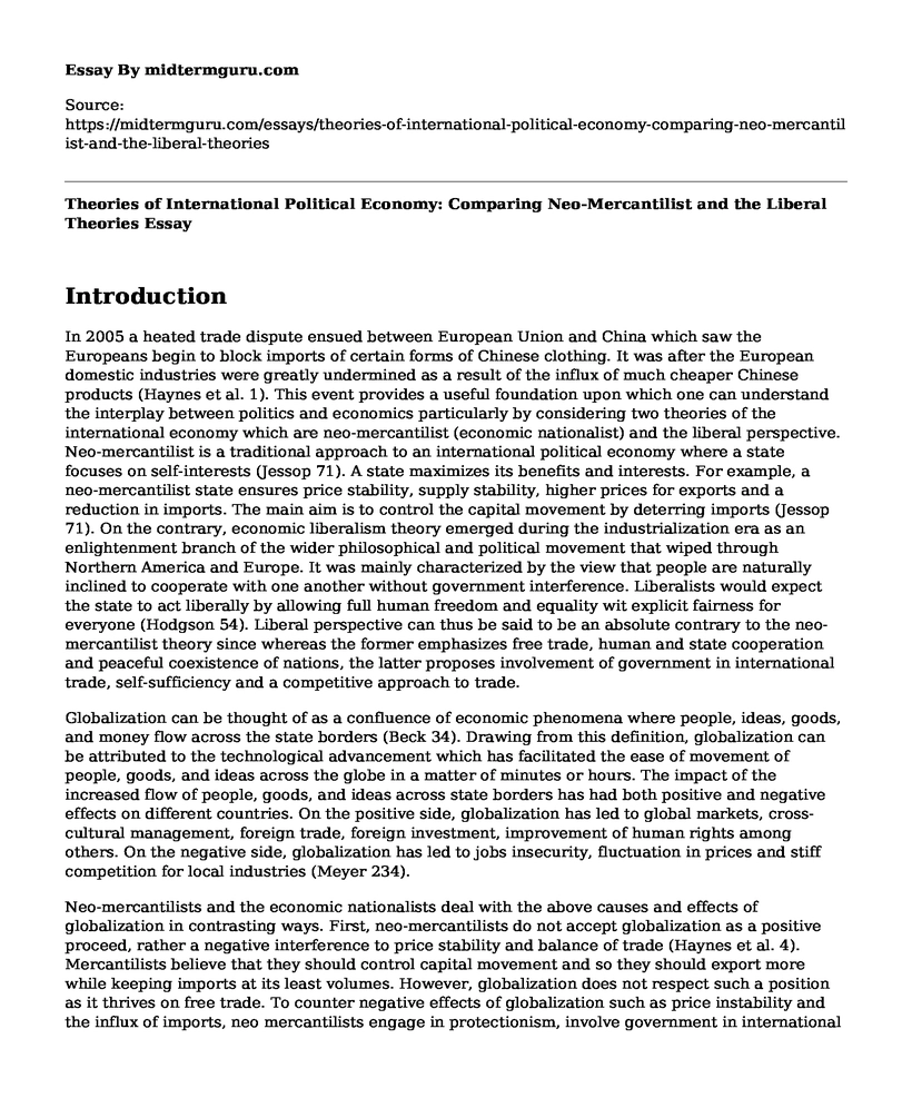 Theories of International Political Economy: Comparing Neo-Mercantilist and the Liberal Theories