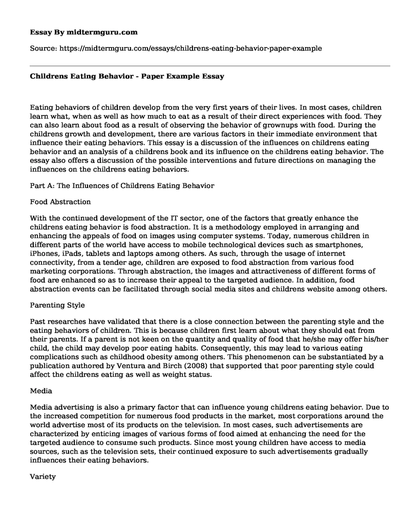 Childrens Eating Behavior - Paper Example