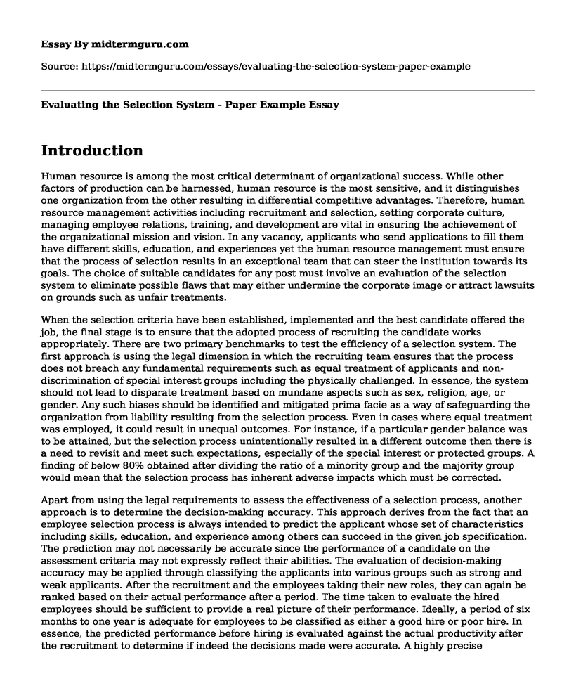 Evaluating the Selection System - Paper Example