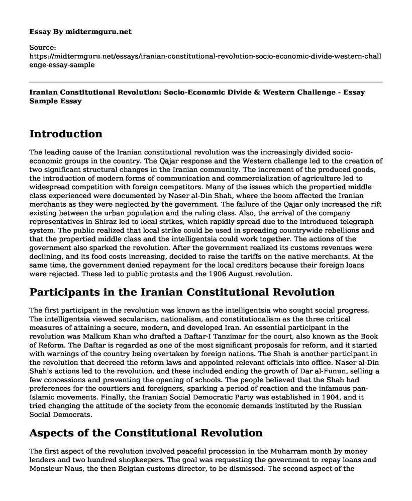 Iranian Constitutional Revolution: Socio-Economic Divide & Western Challenge - Essay Sample