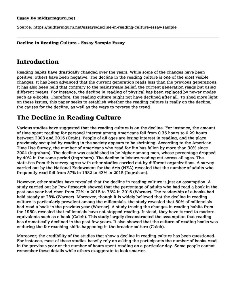 Decline in Reading Culture - Essay Sample