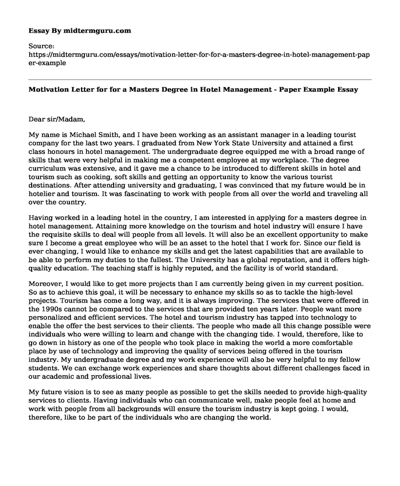 Motivation Letter for for a Masters Degree in Hotel Management - Paper Example