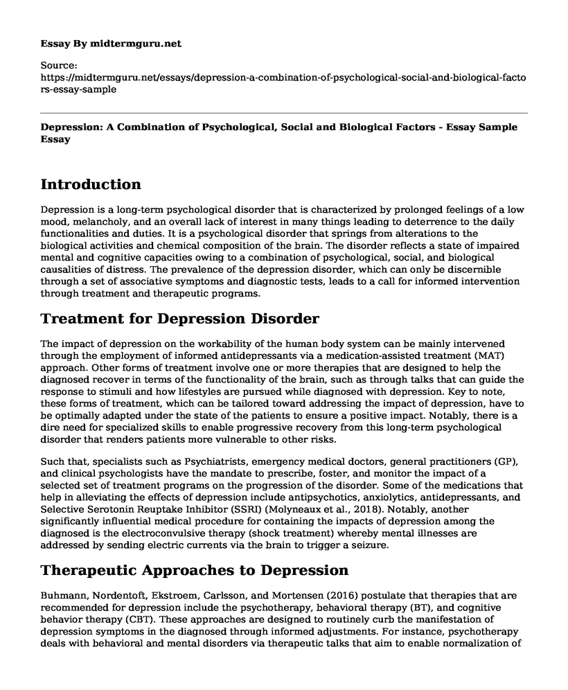 Depression: A Combination of Psychological, Social and Biological Factors - Essay Sample