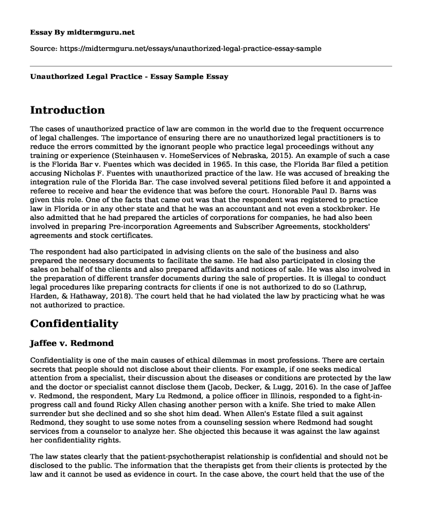 Unauthorized Legal Practice - Essay Sample