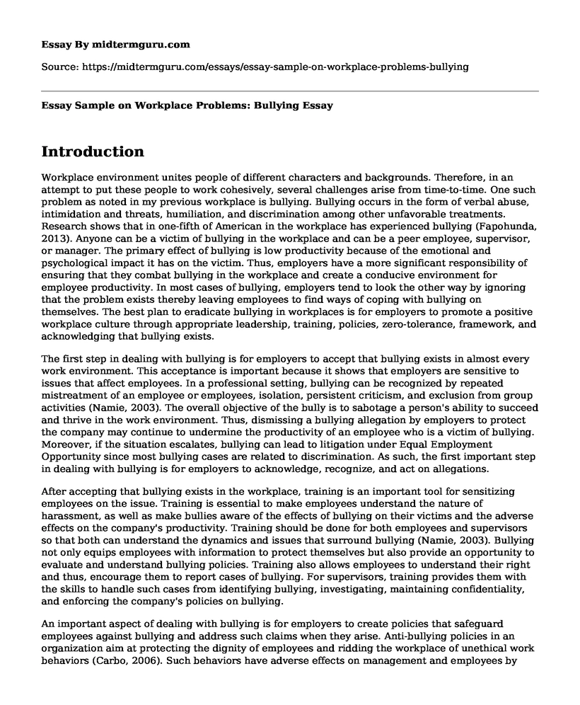 Essay Sample on Workplace Problems: Bullying