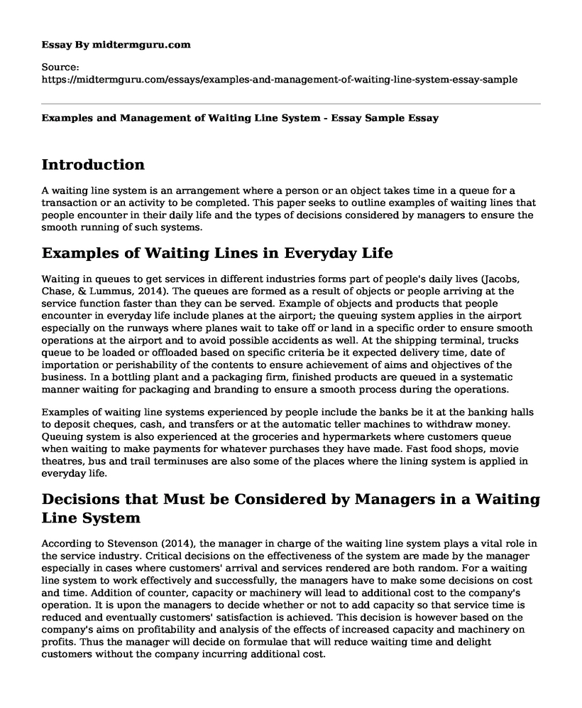 Examples and Management of Waiting Line System - Essay Sample
