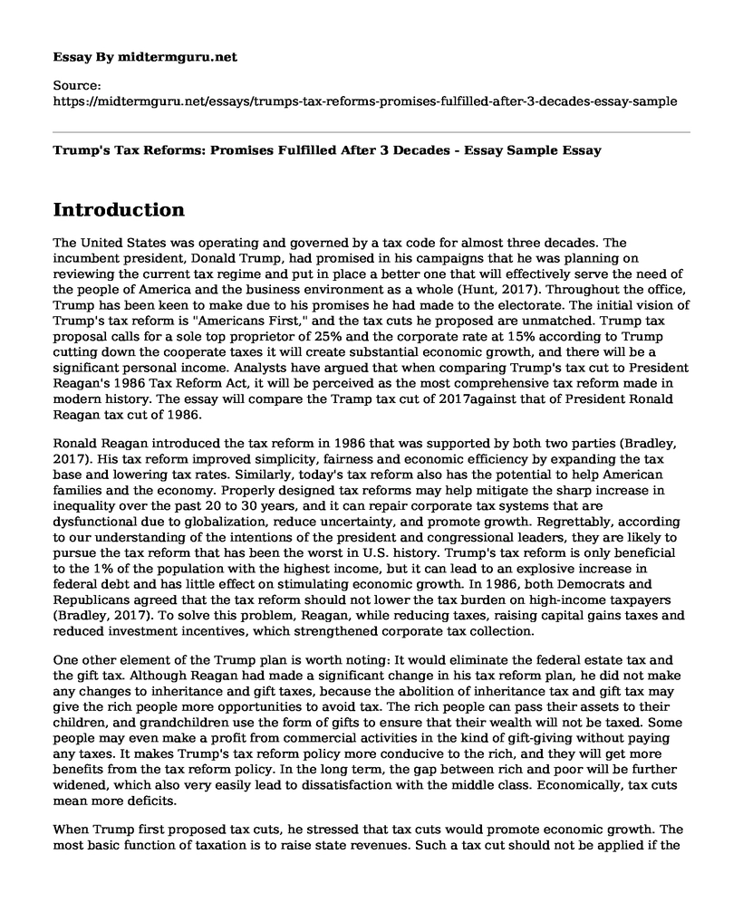 Trump's Tax Reforms: Promises Fulfilled After 3 Decades - Essay Sample