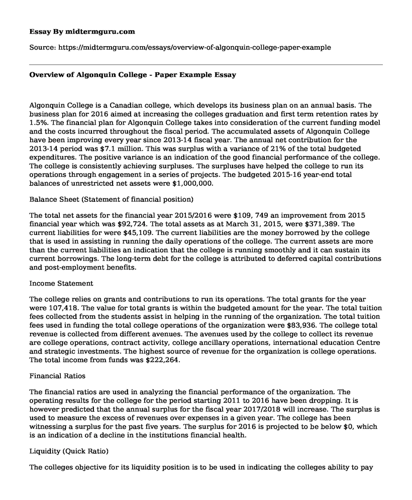 Overview of Algonquin College - Paper Example