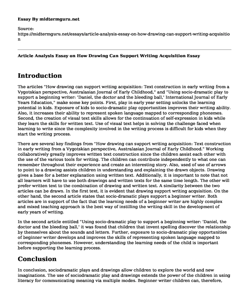 Article Analysis Essay on How Drawing Can Support Writing Acquisition
