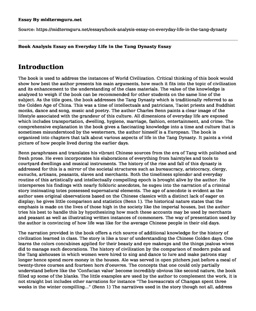 Book Analysis Essay on Everyday Life in the Tang Dynasty