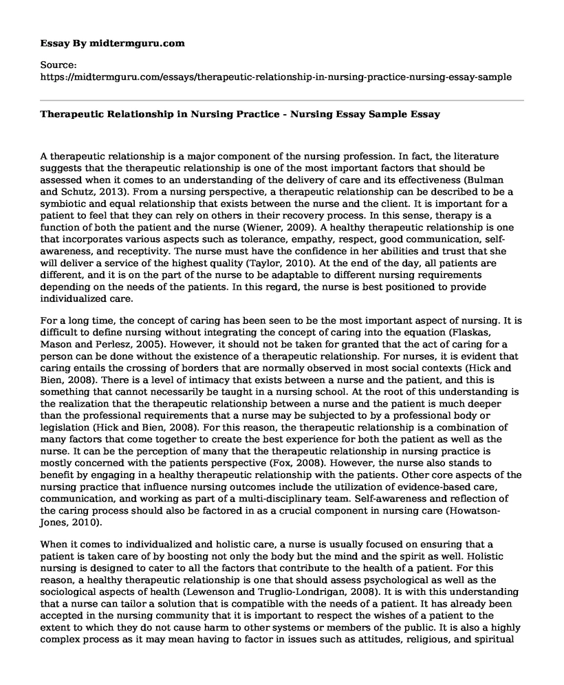 Therapeutic Relationship in Nursing Practice - Nursing Essay Sample