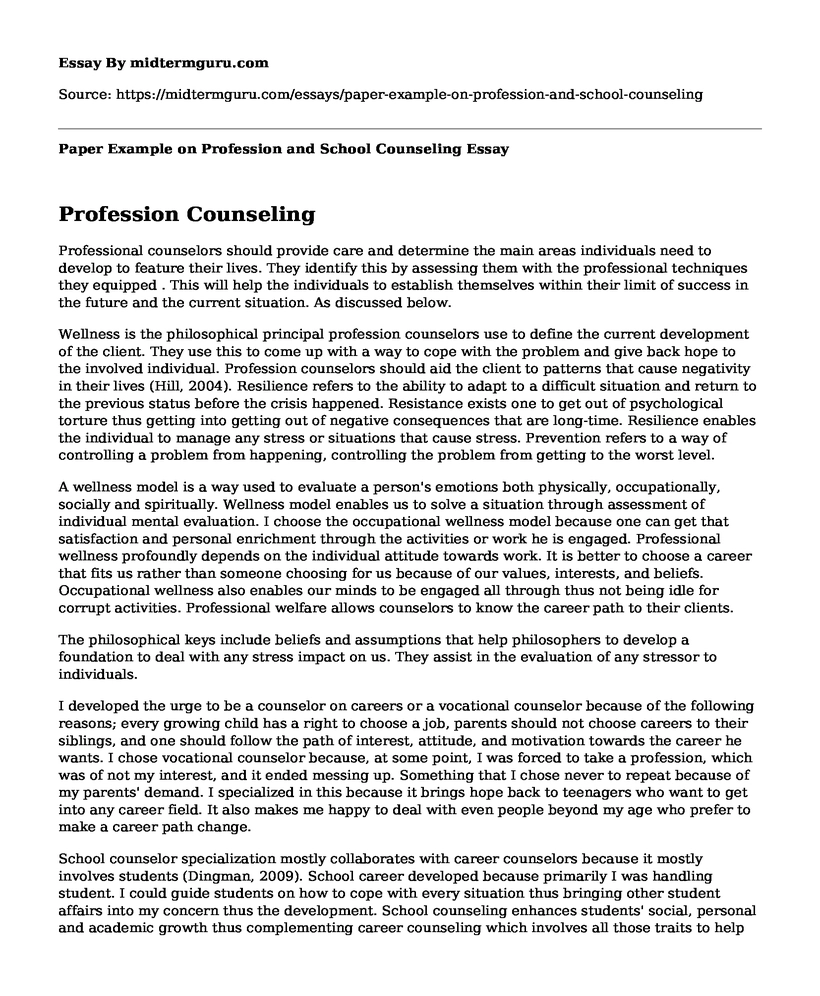 Paper Example on Profession and School Counseling