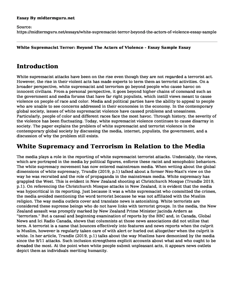 White Supremacist Terror: Beyond The Actors of Violence - Essay Sample