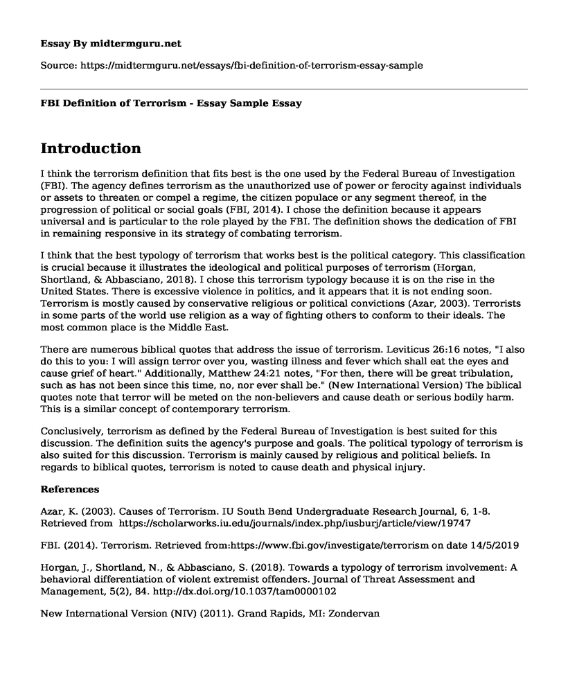 FBI Definition of Terrorism - Essay Sample