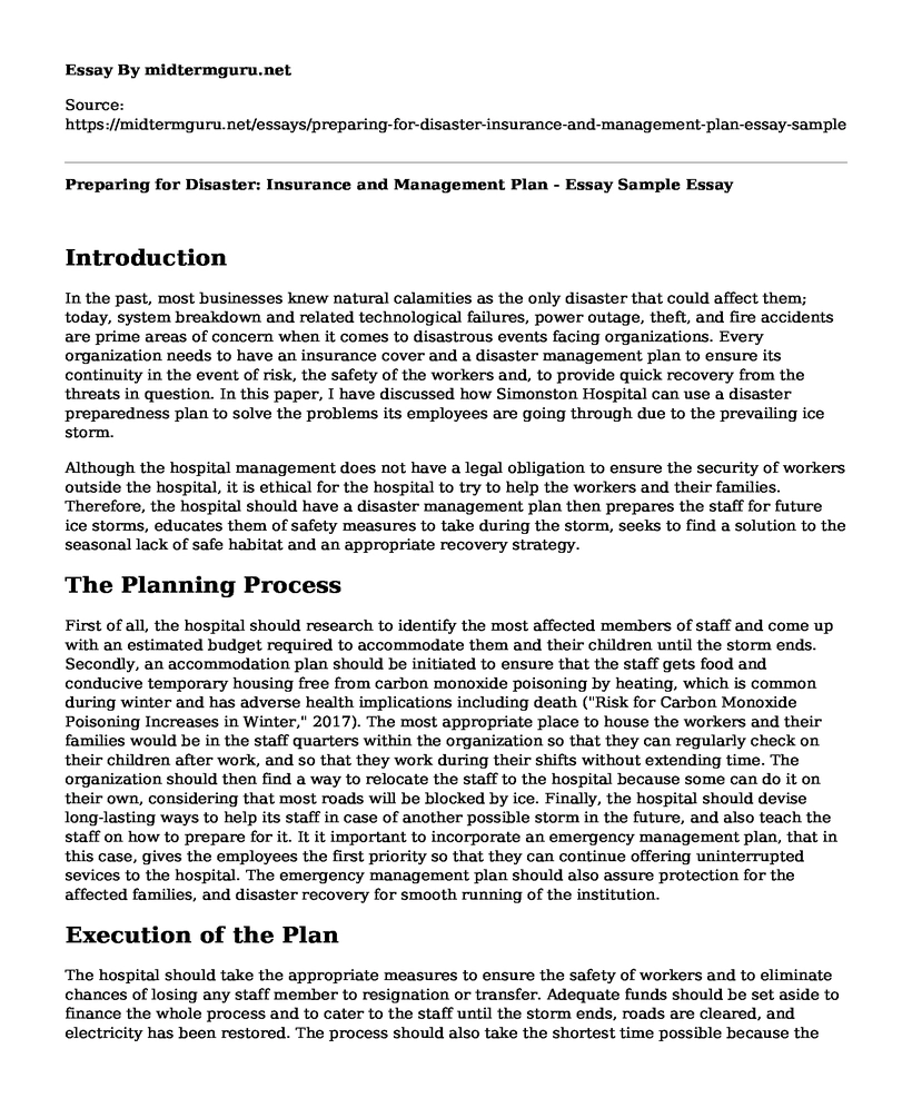 Preparing for Disaster: Insurance and Management Plan - Essay Sample