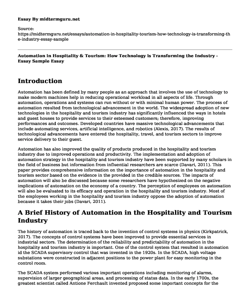 Automation in Hospitality & Tourism: How Technology is Transforming the Industry - Essay Sample