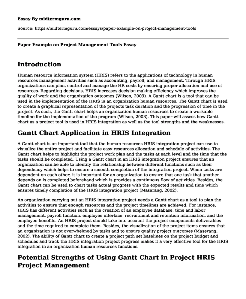 Paper Example on Project Management Tools